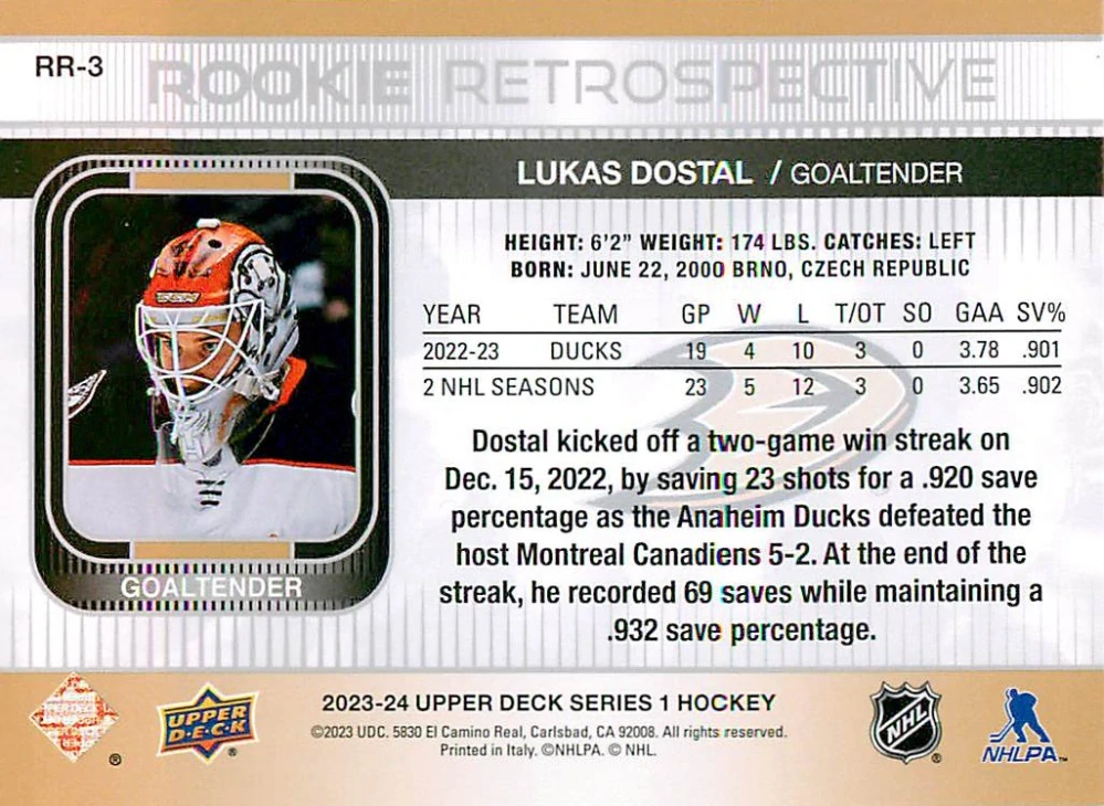 2023-24 UD Series 1 - Lukáš Dostál - Rookie Retrospective #RR-3