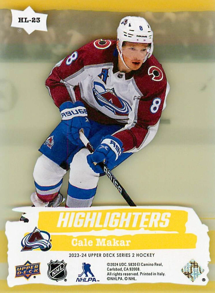 2022-23 UD Series 2 - Cale Makar - Highlighters Yellow #HL-21