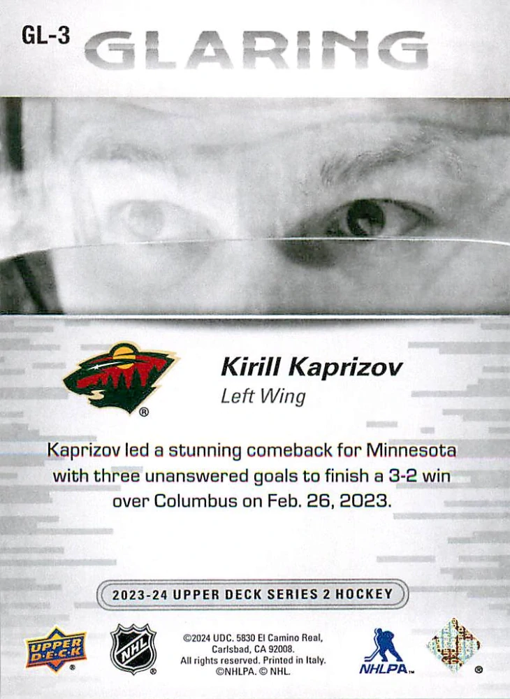 2023-24 UD Series 2 - Kirill Kaprizov - Glaring #GL-3