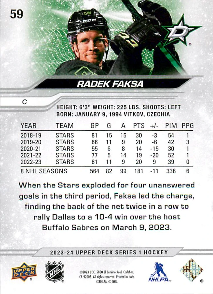 2023-24 UD Series 1 - Radek Faksa - Exclusives /100 #59