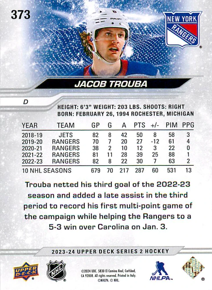 2023-24 UD Series 2 - Jacob Trouba - Exclusives /100 #373