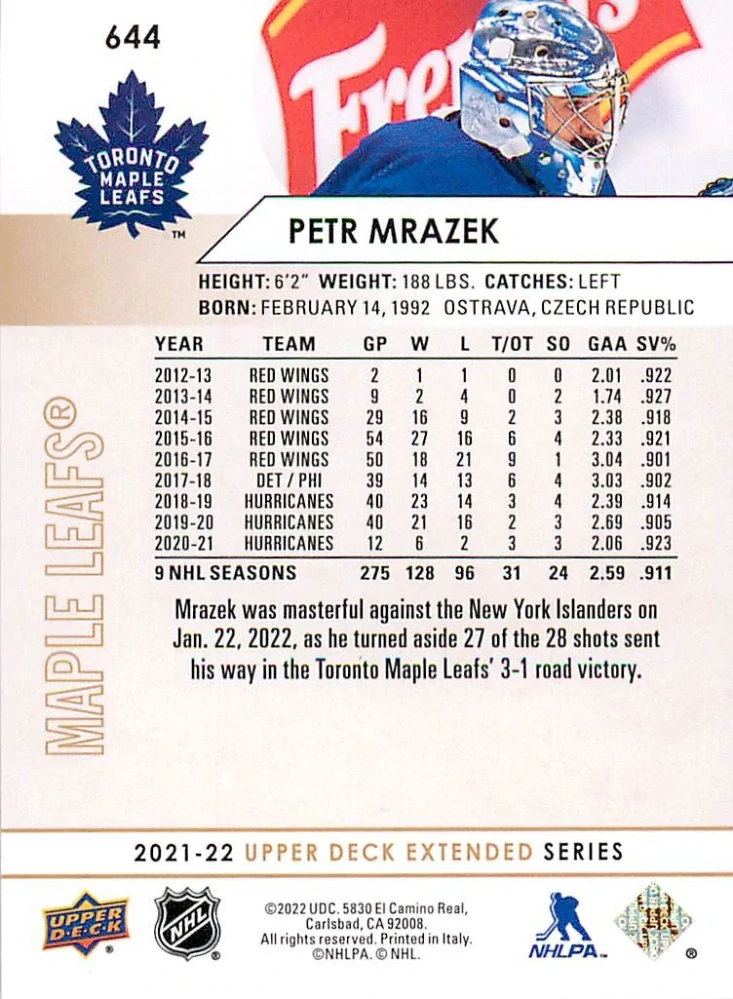 2021-22 UD Extended Series - Petr Mrázek - Silver Foil #644
