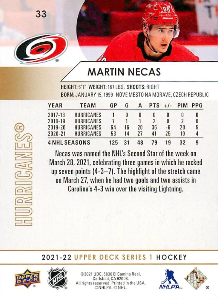 2021-22 UD Series 1 - Martin Nečas - Speckled Rainbow Foil #33