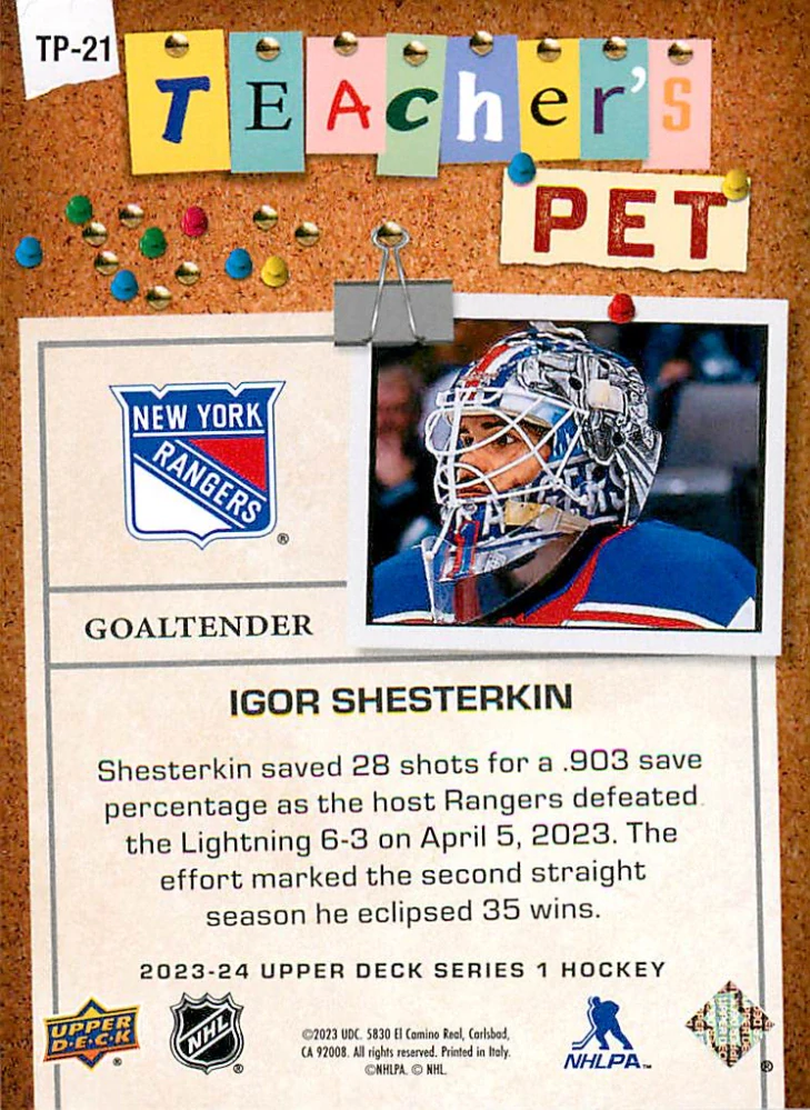 2023-24 UD Series 1 - Igor Shesterkin - Teacher's Pet Gold #TP-21