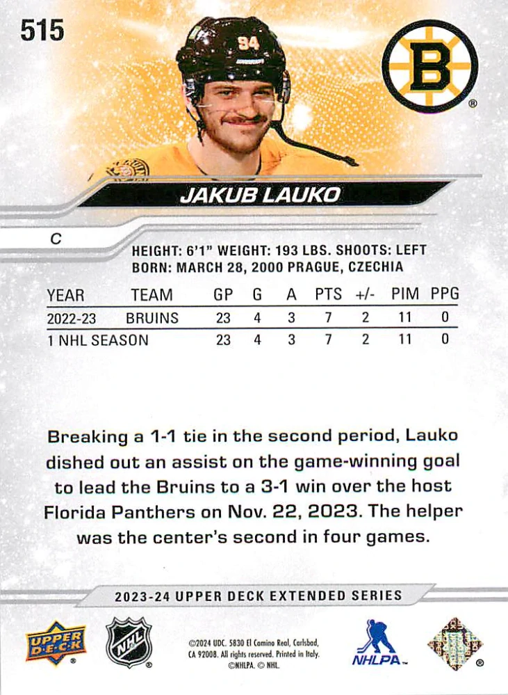2023-24 UD Extended Series - Jakub Lauko - Outburst #515