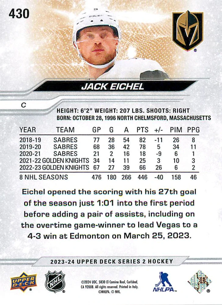 2023-24 UD Series 2 - Jack Eichel - Outburst #430