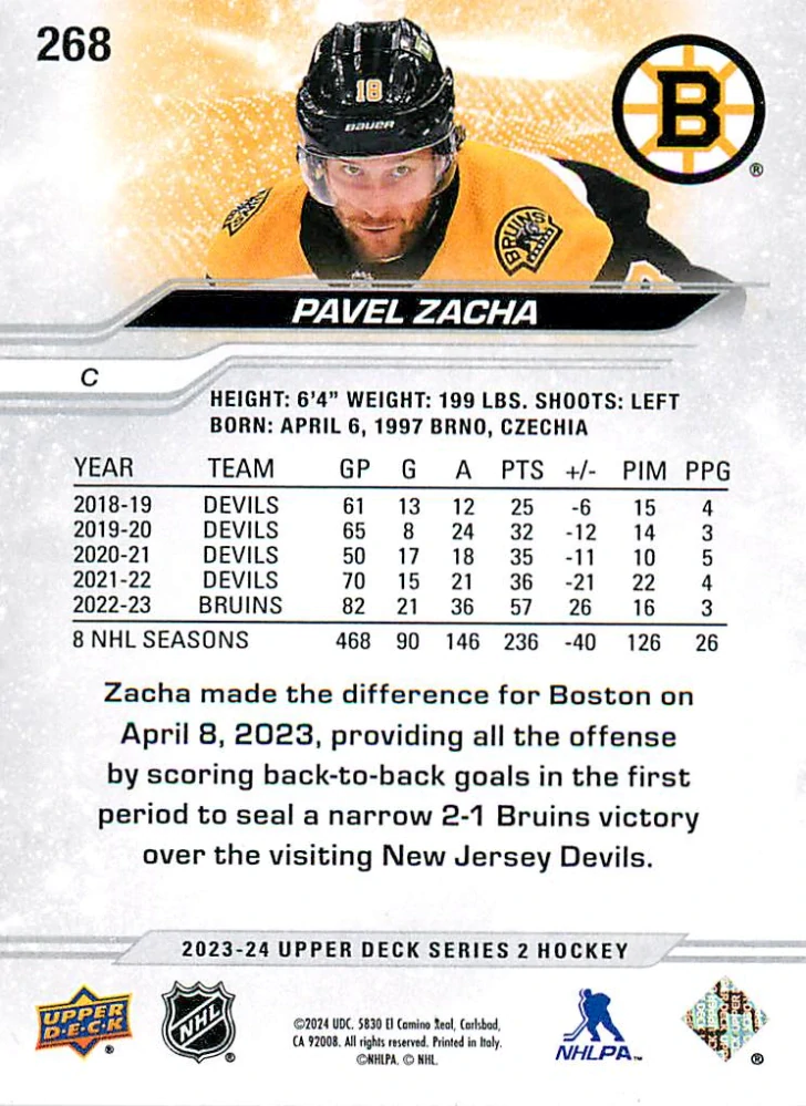 2023-24 UD Series 2 - Pavel Zacha - Outburst #268