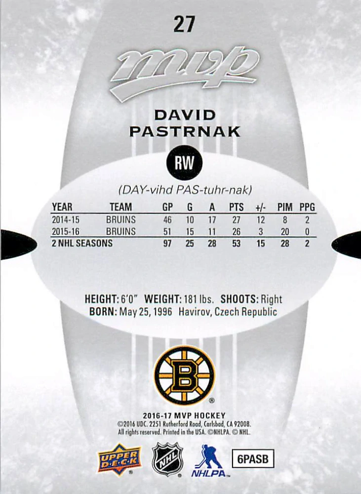 2016-17 UD MVP - David Pastrňák - Silver Script #27