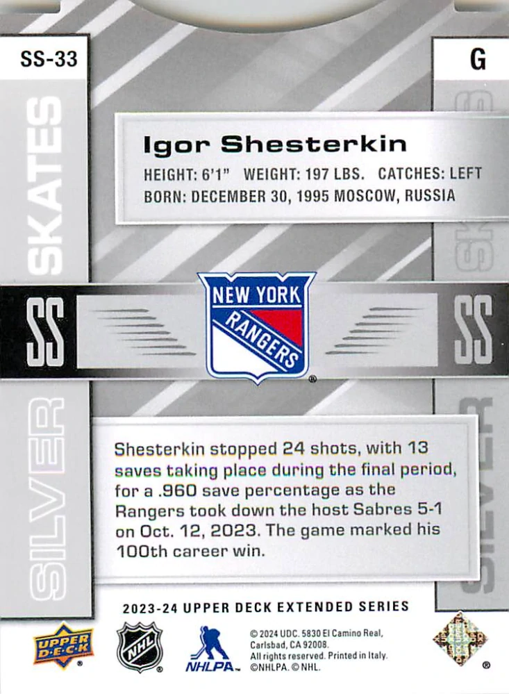 2023-24 UD Extended Series - Igor Shesterkin - Silver Skates #SS-33