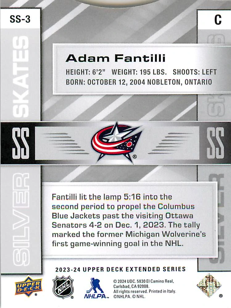 2023-24 UD Extended Series - Adam Fantilli - Silver Skates #SS-3