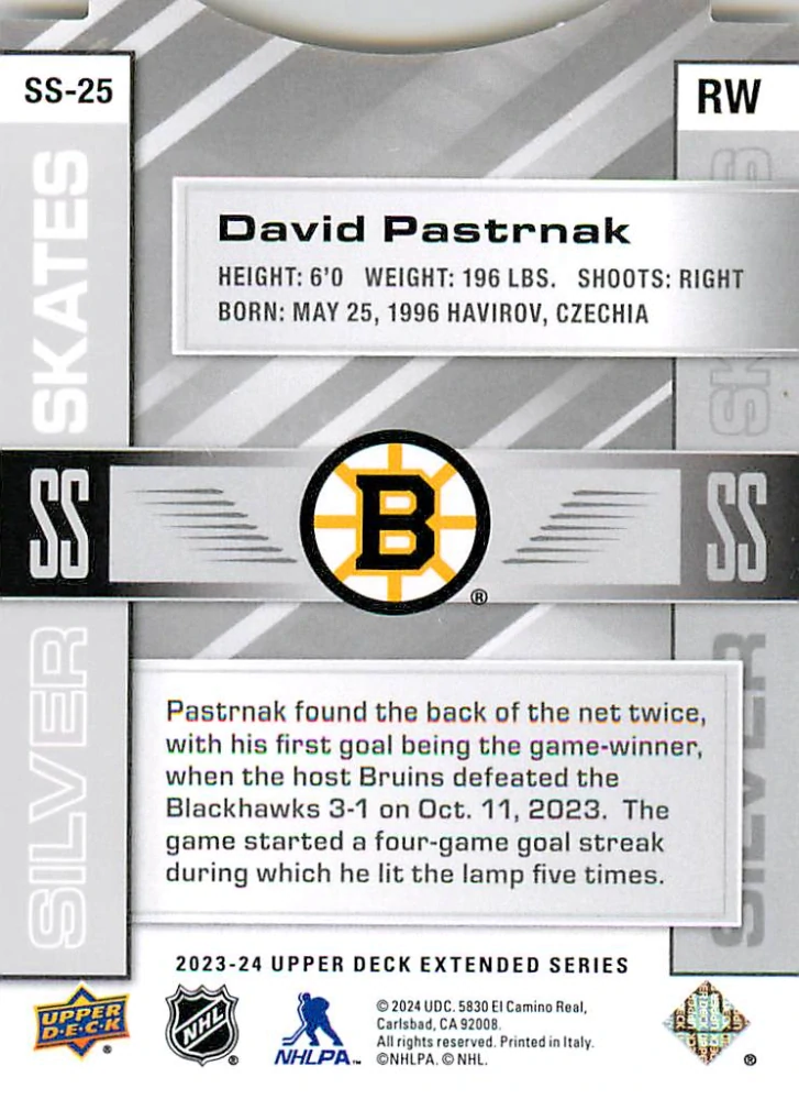 2023-24 UD Extended Series - David Pastrňák - Silver Skates #SS-25