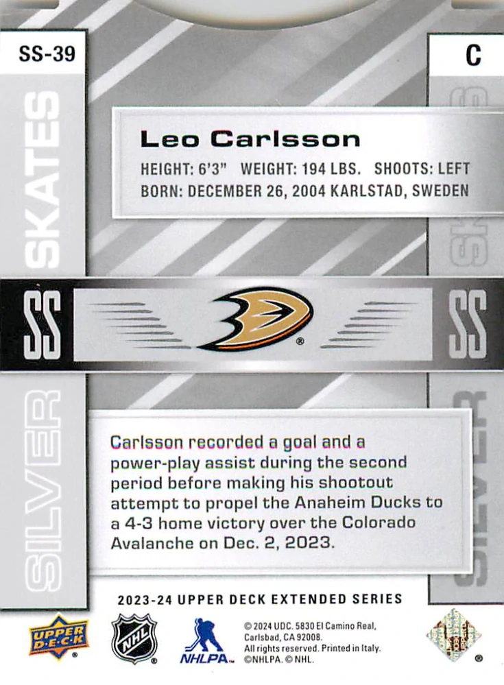 2023-24 UD Extended Series - Leo Carlsson - Silver Skates #SS-39