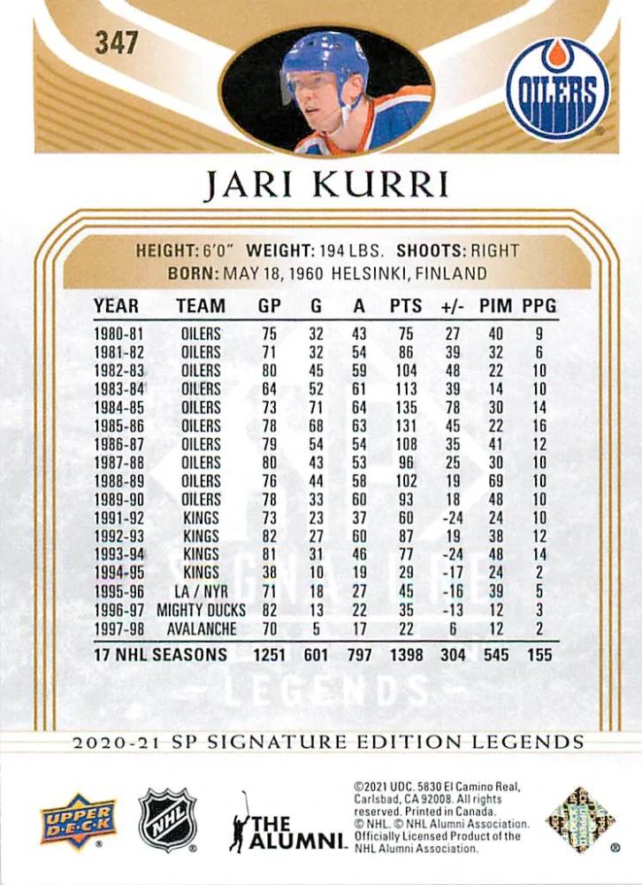 2020-21 UD SP Signature Edition Legends - Jari Kurri - Gold Foil #347