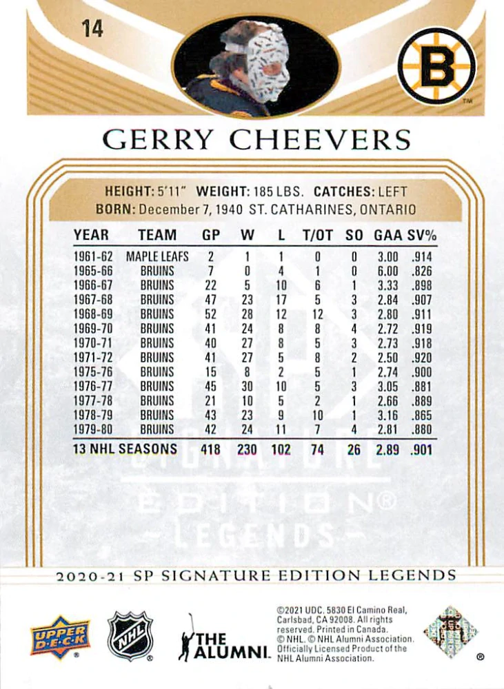 2020-21 UD SP Signature Edition Legends - Gerry Cheevers - Gold Foil #14