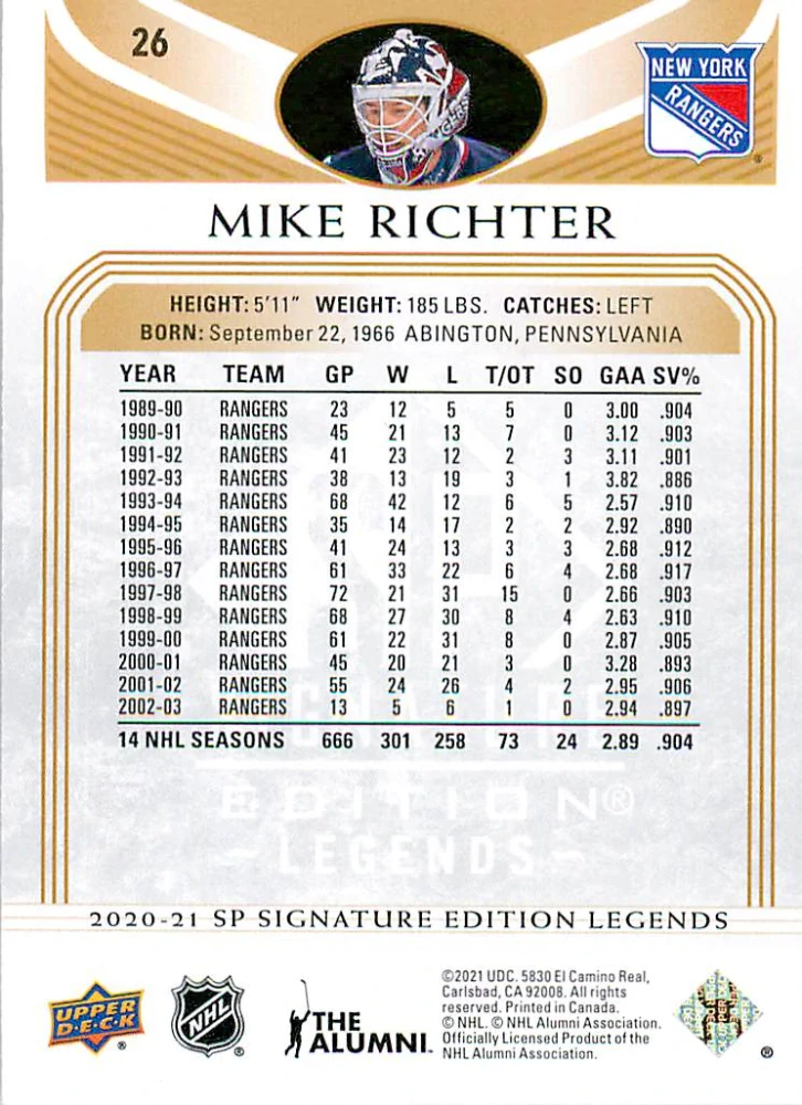 2020-21 UD SP Signature Edition Legends - Mike Richter - Gold Foil #26