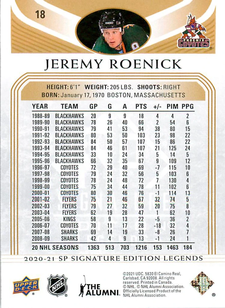 2020-21 UD SP Signature Edition Legends - Jeremy Roenick - Gold Foil #18