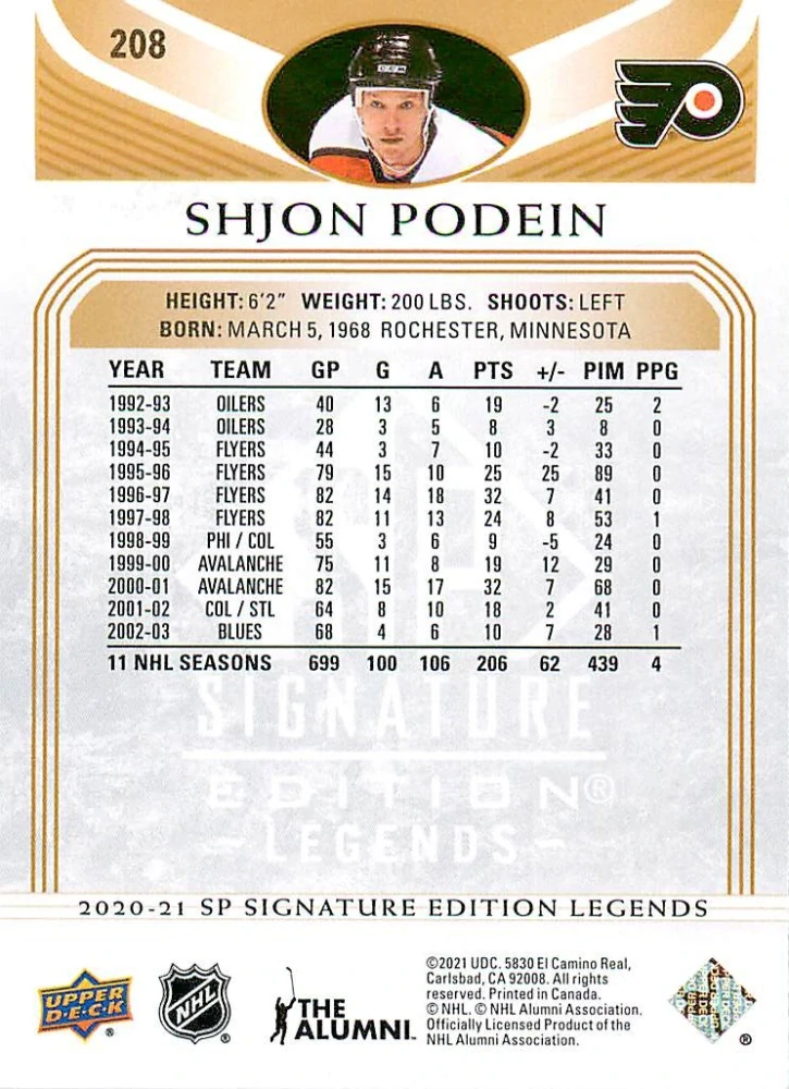 2020-21 UD SP Signature Edition Legends - Shjon Podein - Gold Foil #208