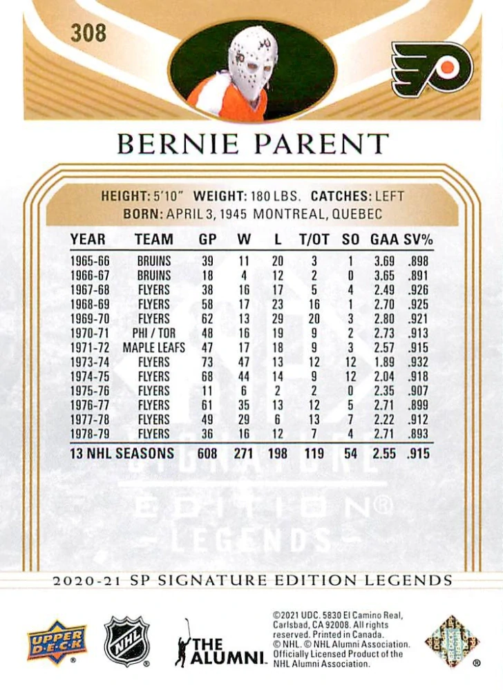 2020-21 UD SP Signature Edition Legends - Bernie Parent - Gold Foil #308