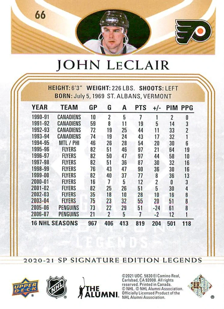 2020-21 UD SP Signature Edition Legends - John LeClair - Gold Foil #66