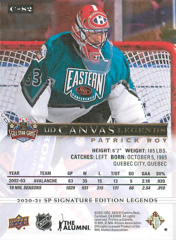 2020-21 UD SP Signature Edition Legends - Patrick Roy - Canvas #C-82
