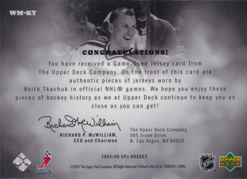 2005-06 UD SPx - Keith Tkachuk - Winning Materials /350 #WM-KT