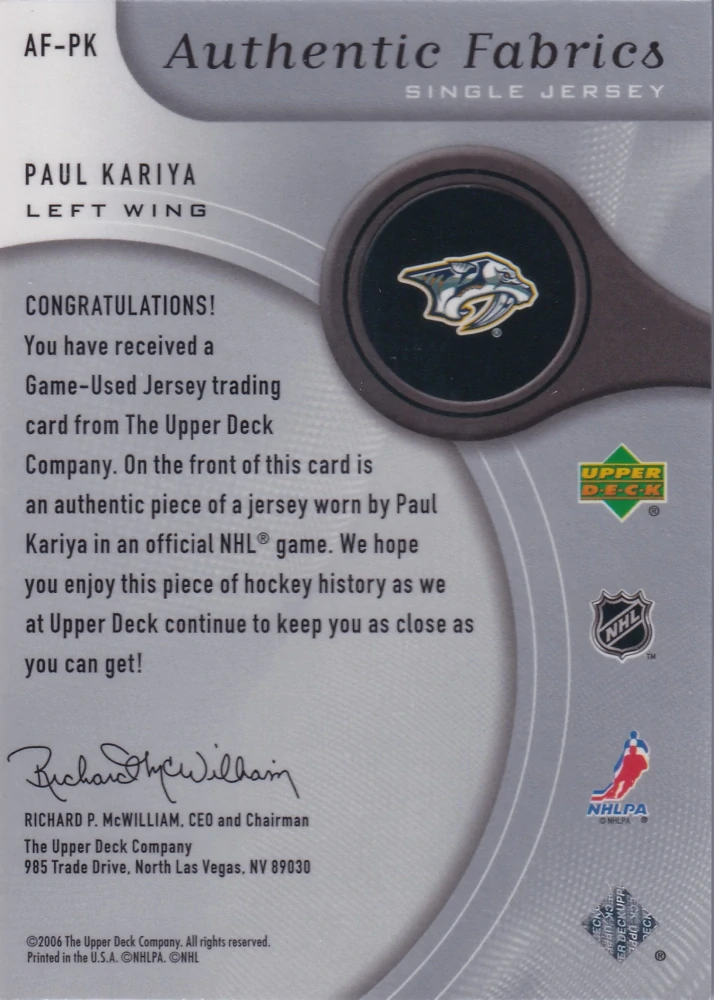 2005-06 UD SP Game Used - Paul Kariya - Authentic Fabrics #AF-PK