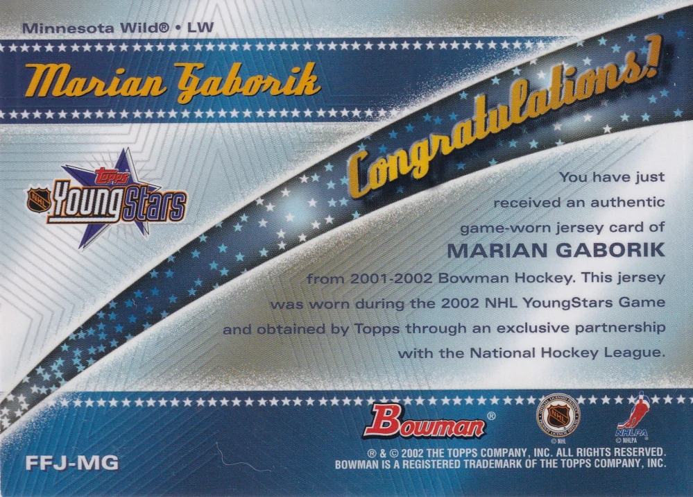 2001-02 Bowman YoungStars - Marián Gáborík - Fabric Of The Future Jersey #FFJ-MG