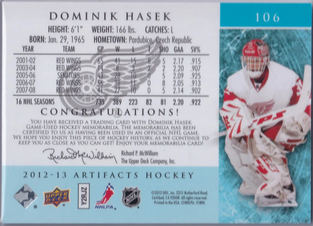 2012-13 UD Artifacts - Dominik Hašek - Silver jersey/jersey /125 #106