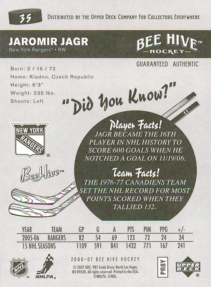 2006-07 UD Bee Hive - Jaromír Jágr #35