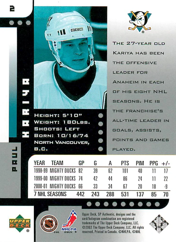 2001-02 UD SP Authentic - Paul Kariya #2