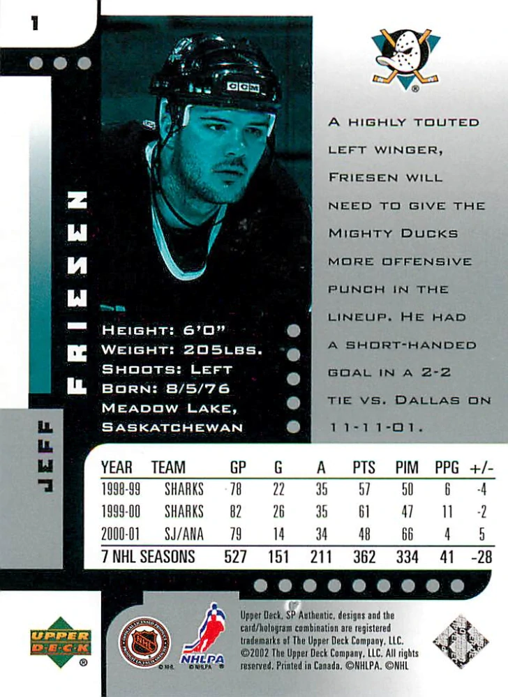 2001-02 UD SP Authentic - Jeff Friesen #1