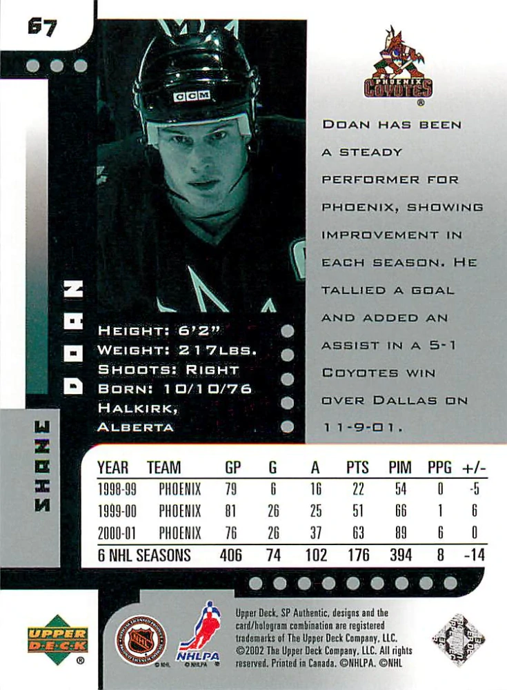 2001-02 UD SP Authentic - Shane Doan #67
