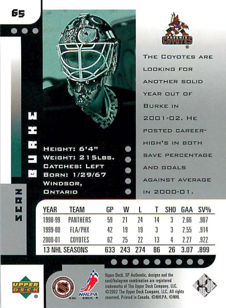 2001-02 UD SP Authentic - Sean Burke #65