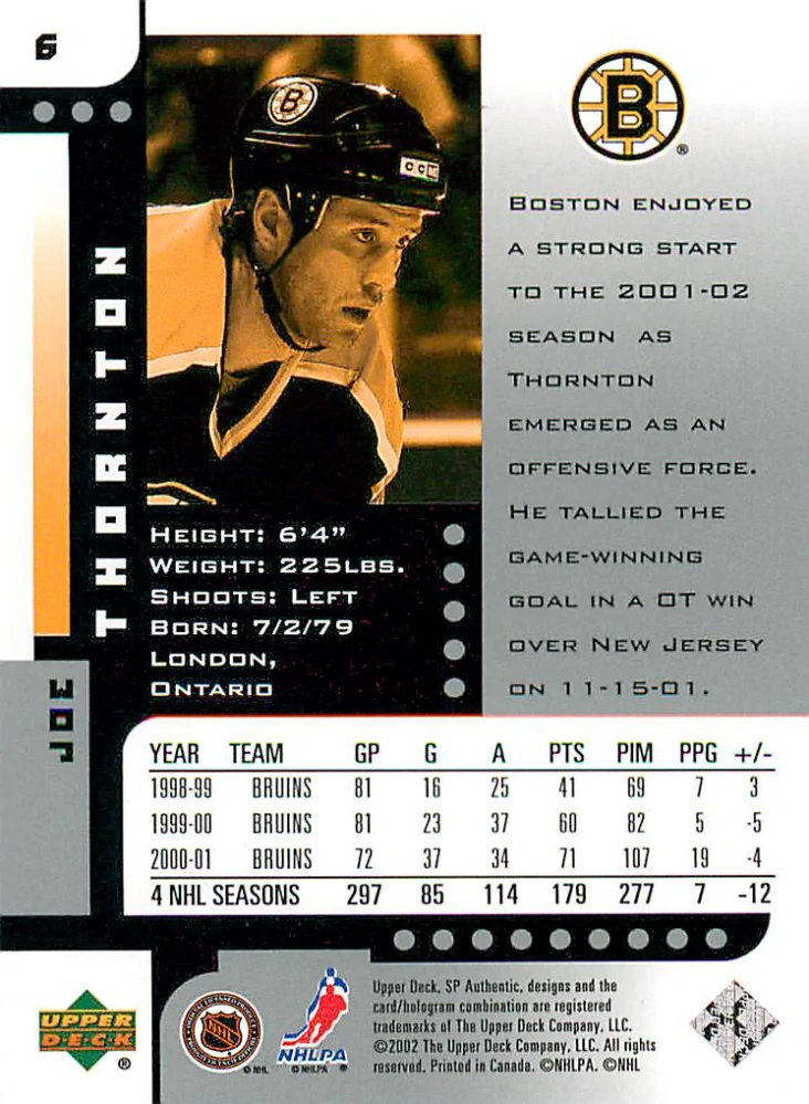 2001-02 UD SP Authentic - Joe Thornton #6