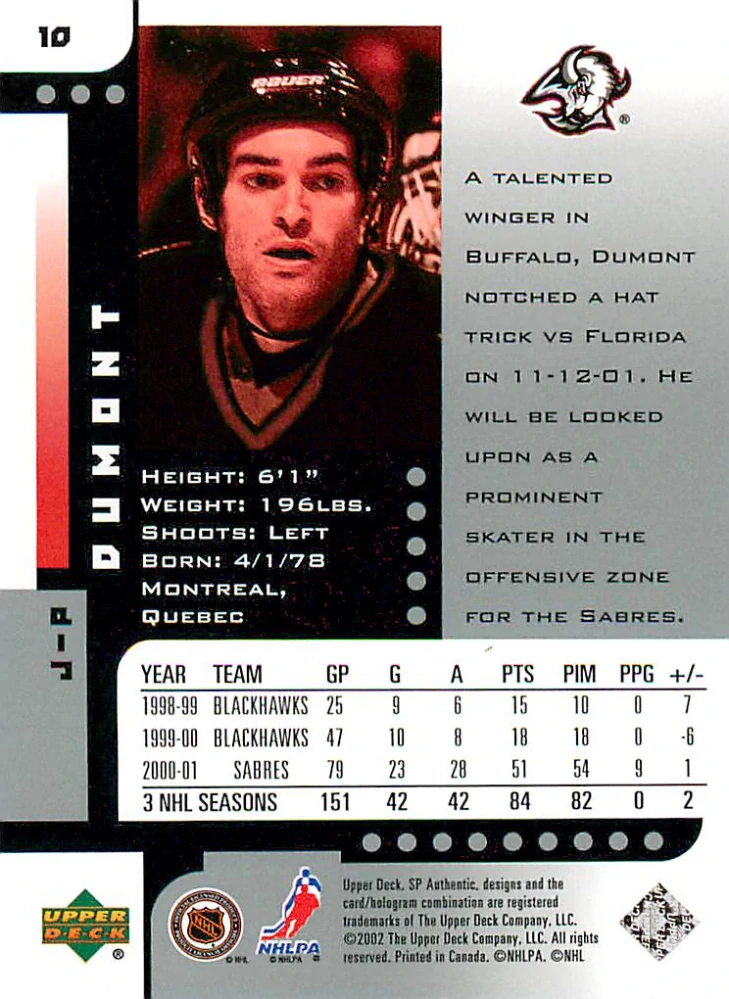2001-02 UD SP Authentic - J-P Dumont #10