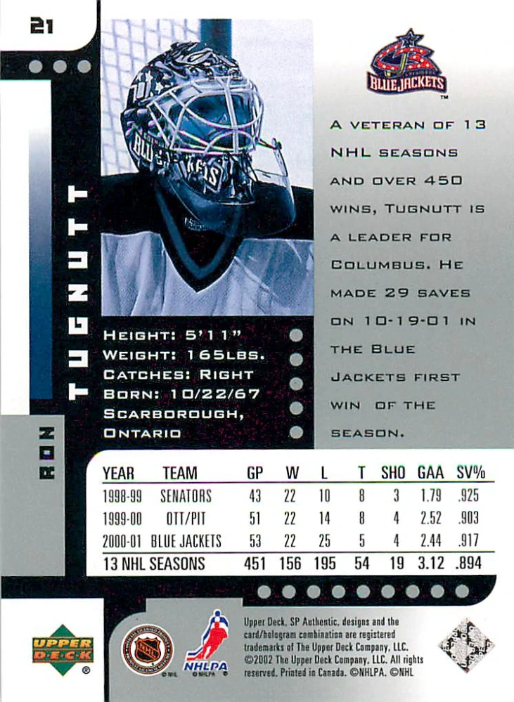2001-02 UD SP Authentic - Ron Tugnutt #21