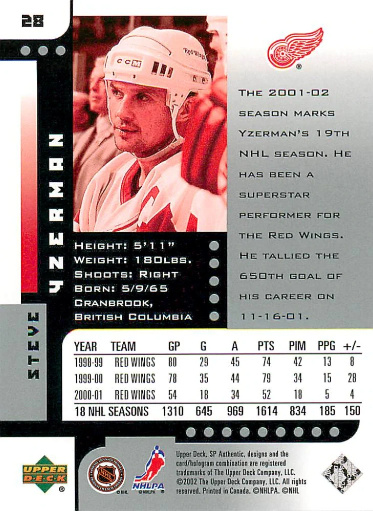 2001-02 UD SP Authentic - Steve Yzerman #28
