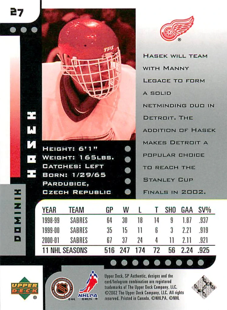 2001-02 UD SP Authentic - Dominik Hašek #27