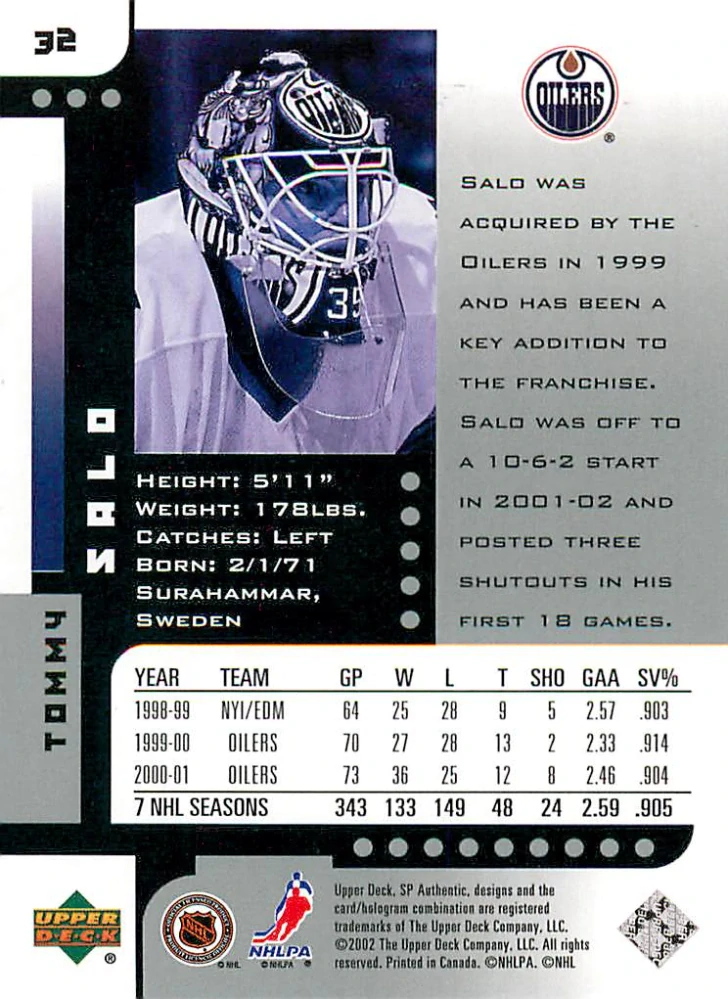 2001-02 UD SP Authentic - Tommy Salo #32