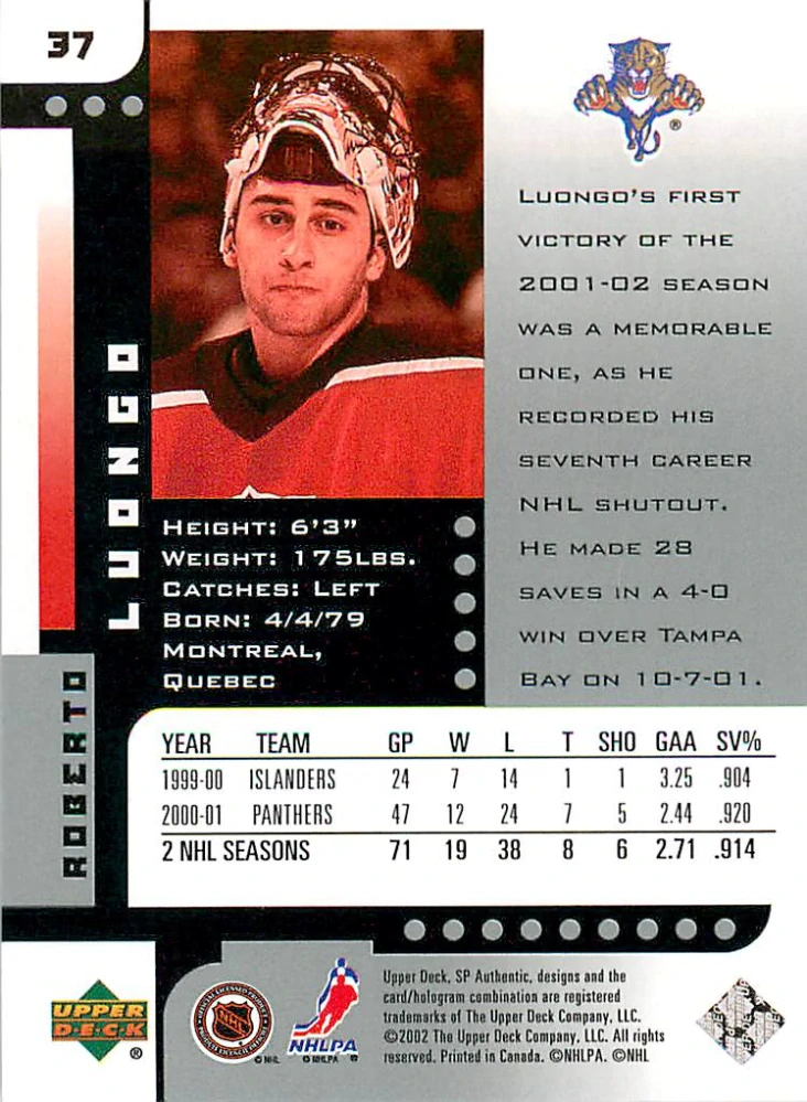 2001-02 UD SP Authentic - Roberto Luongo #37