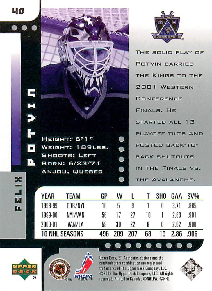 2001-02 UD SP Authentic - Felix Potvin #40