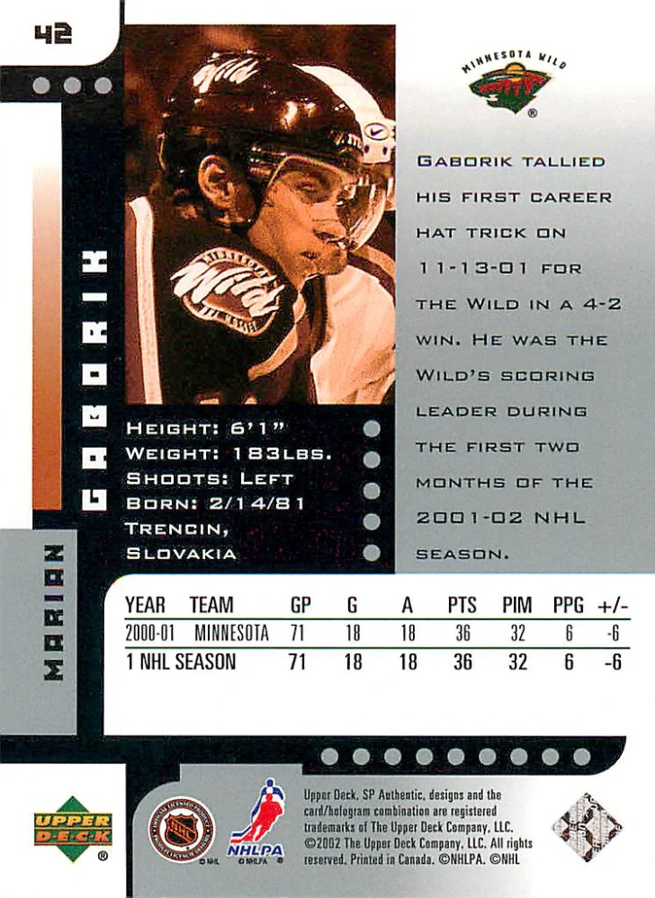 2001-02 UD SP Authentic - Marián Gáborík #42