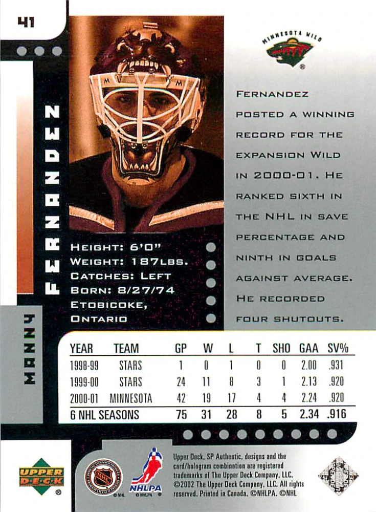 2001-02 UD SP Authentic - Manny Fernandez #41