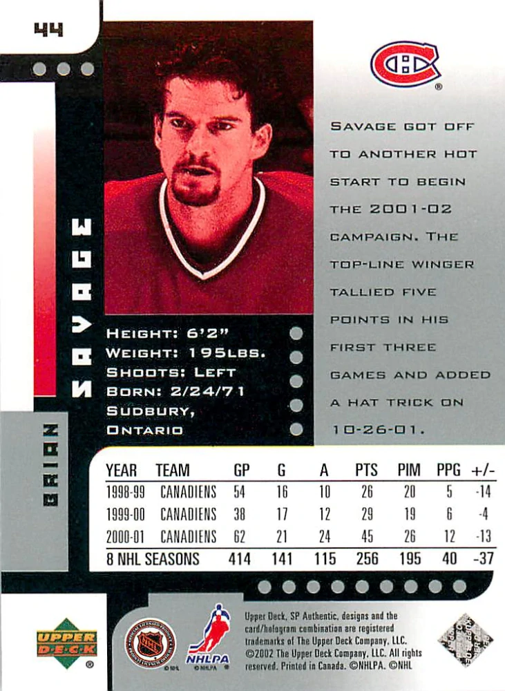 2001-02 UD SP Authentic - Brian Savage #44