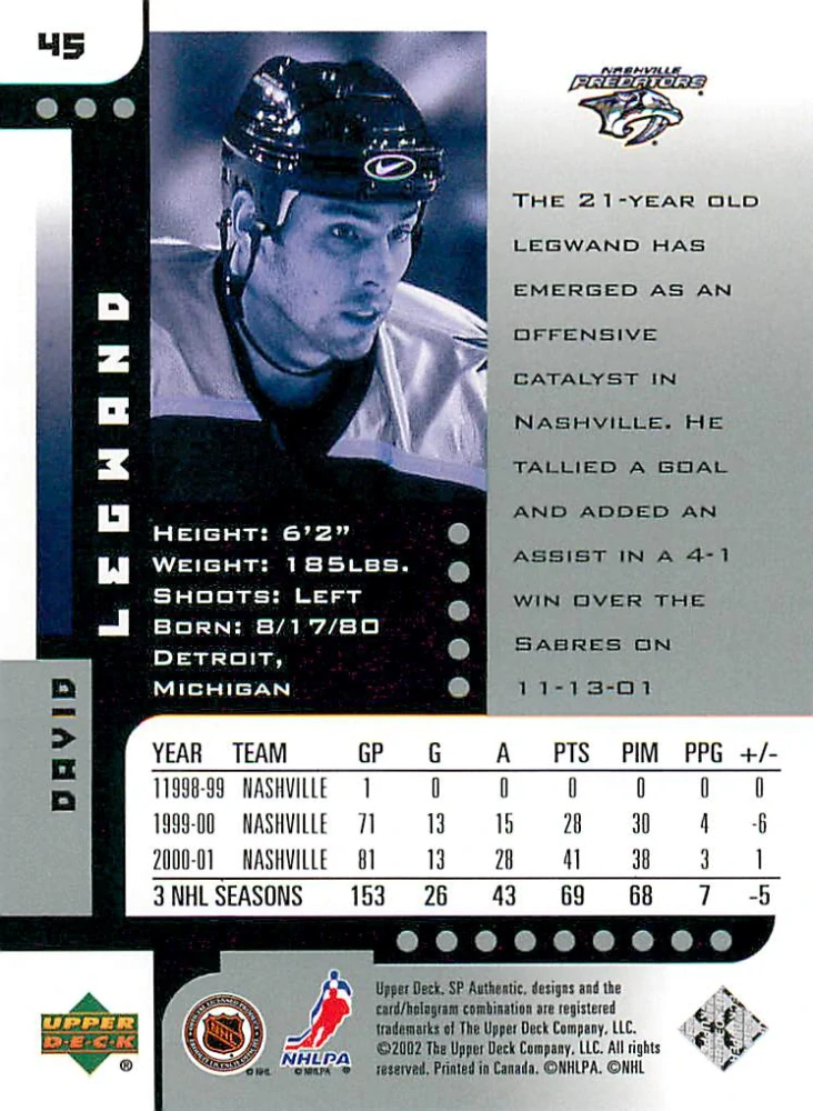 2001-02 UD SP Authentic - David Legwand #45