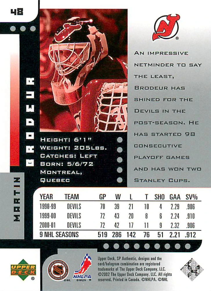 2001-02 UD SP Authentic - Martin Brodeur #48