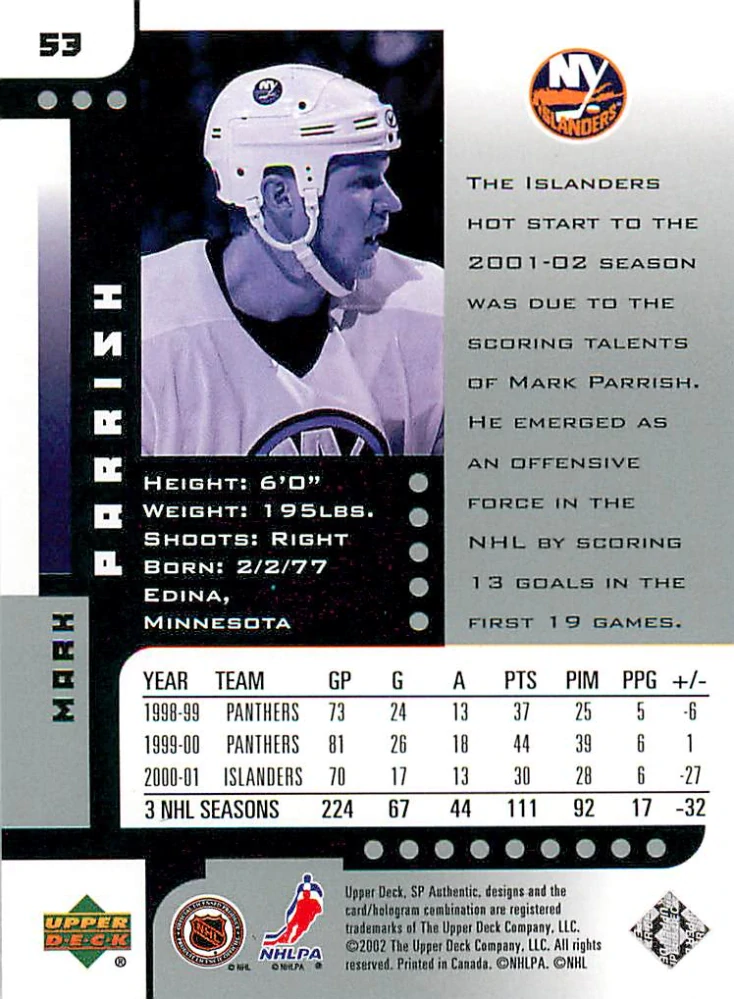 2001-02 UD SP Authentic - Mark Parrish #53