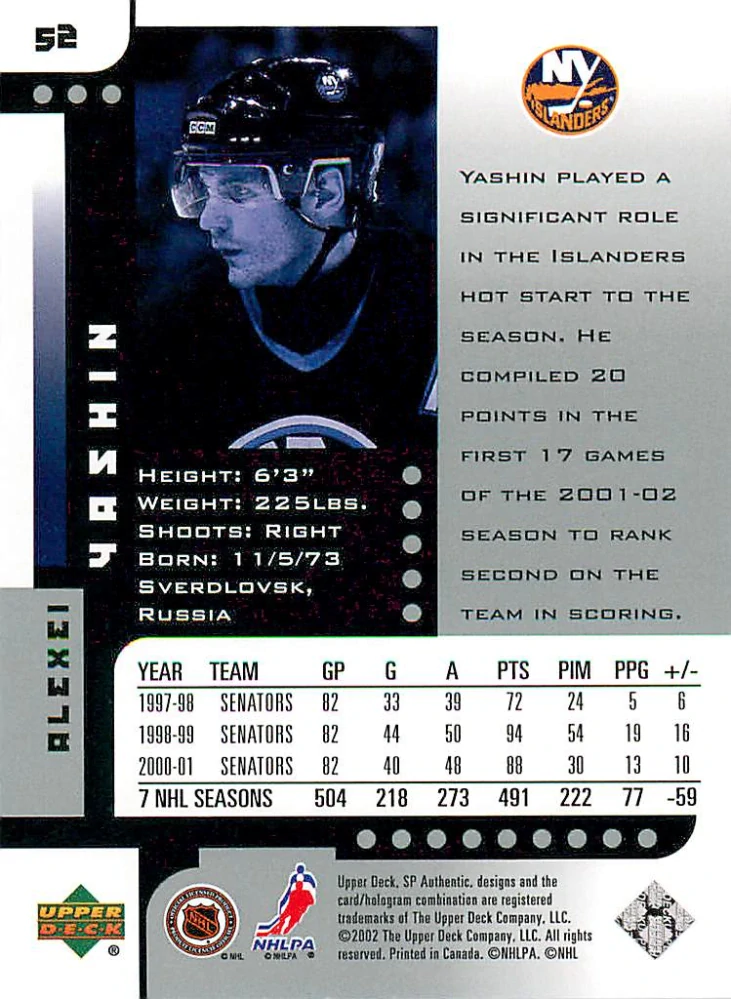 2001-02 UD SP Authentic - Alexei Yashin #52