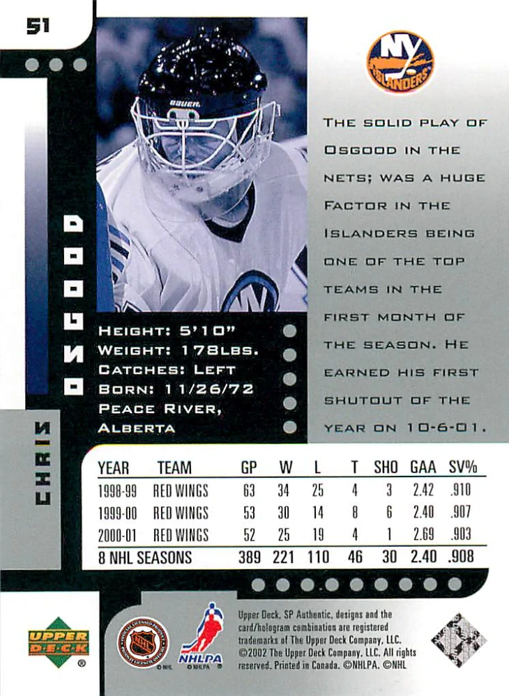 2001-02 UD SP Authentic - Chris Osgood #51