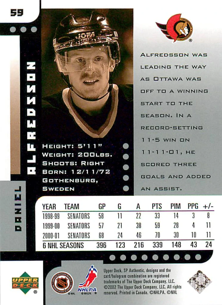 2001-02 UD SP Authentic - Daniel Alfredsson #59